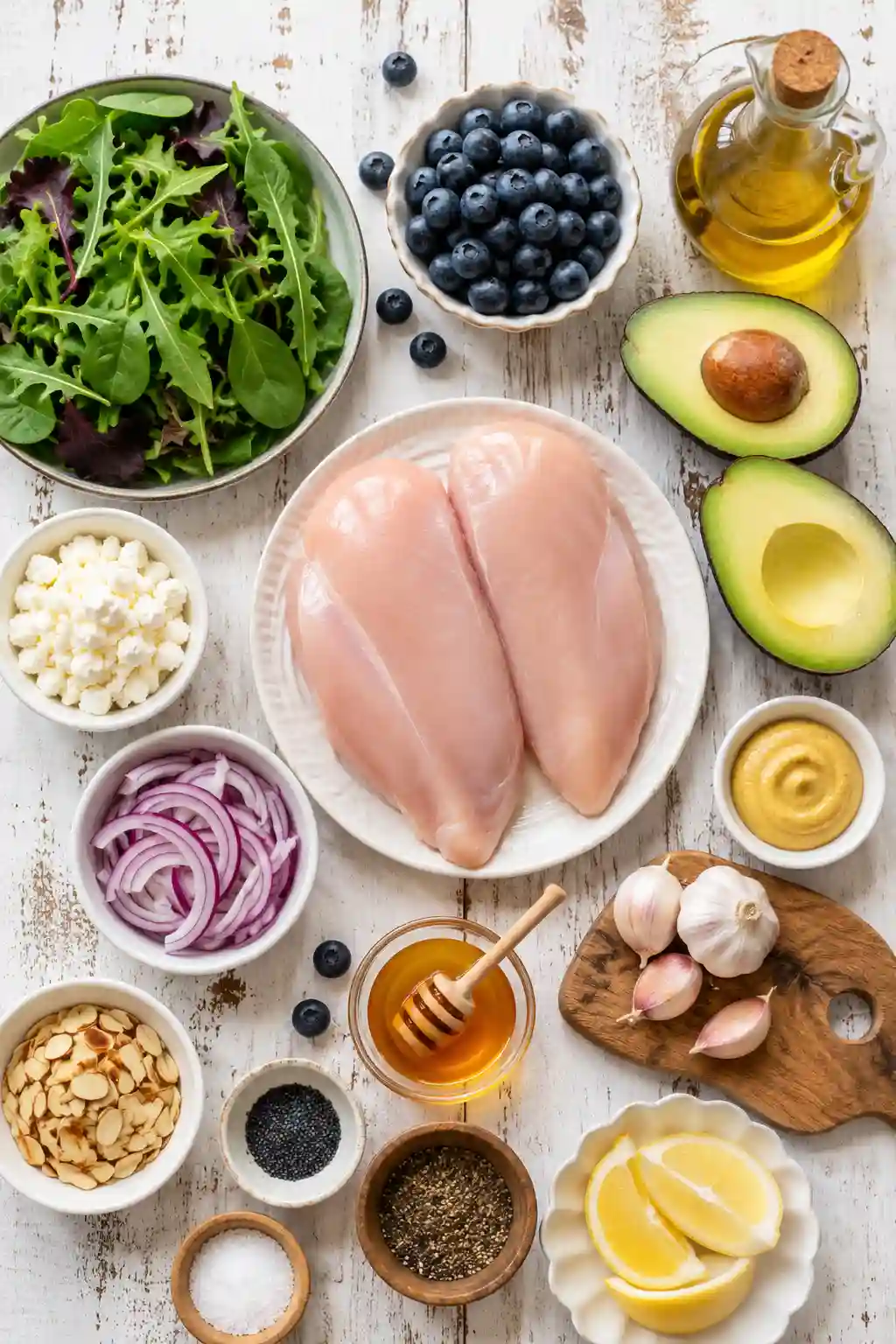 Ingredients for Blueberry Chicken Salad with Avocado and Feta including chicken breasts, blueberries, avocado, feta cheese, mixed greens, red onion, almonds, lemon, honey, garlic, and olive oil.