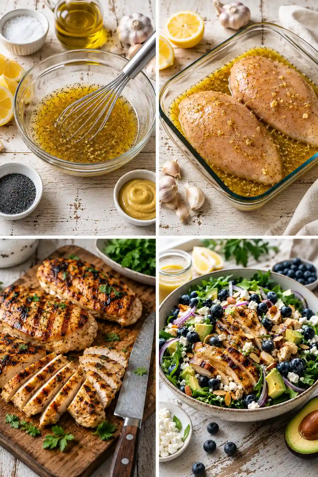 Step by step process for making Blueberry Chicken Salad with Avocado and Feta, including dressing preparation, chicken marinating, grilling, slicing, and salad assembly.