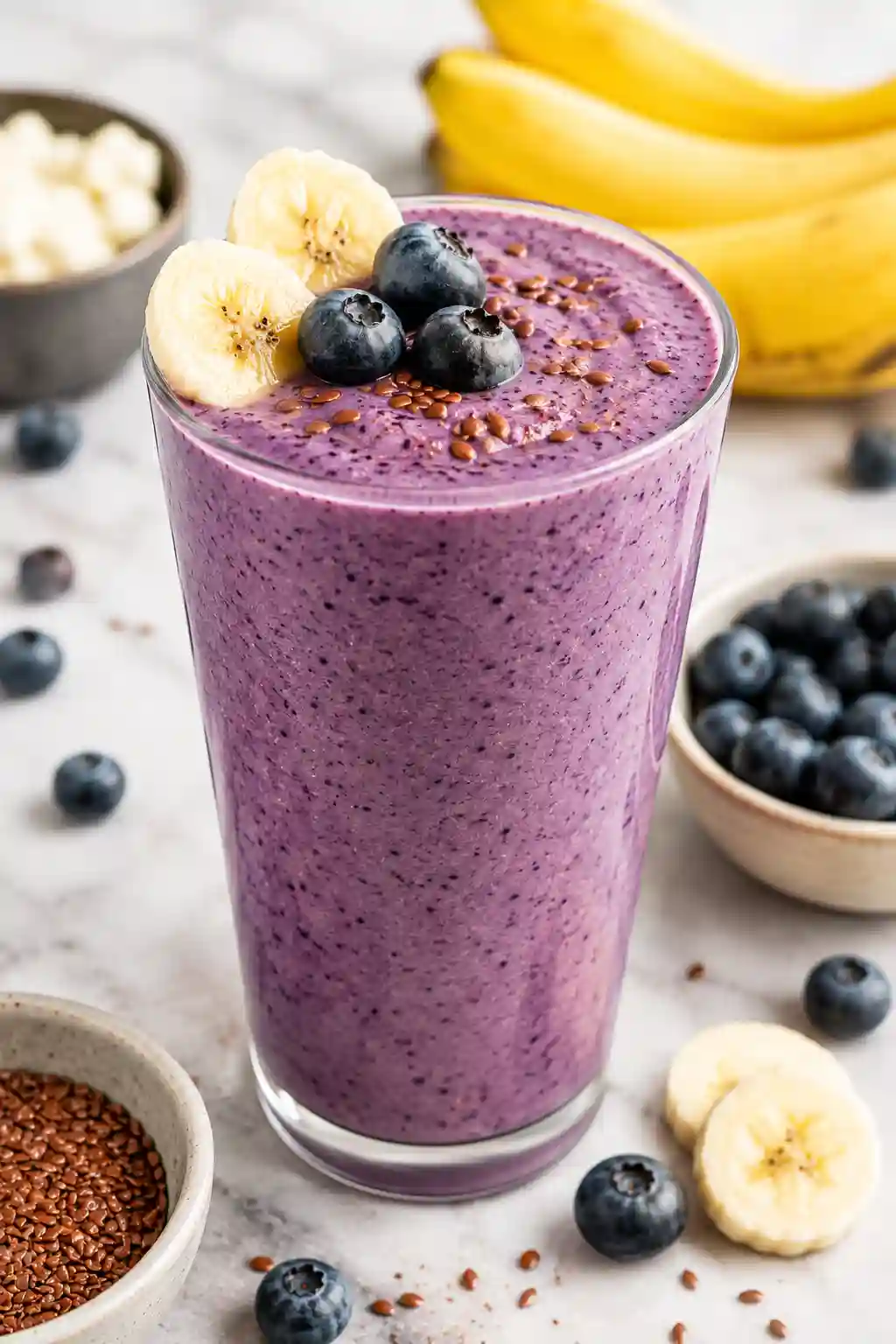 Creamy Blueberry Banana Protein Smoothie made with silken tofu, blueberries, banana, flaxseed, and high-protein soy milk