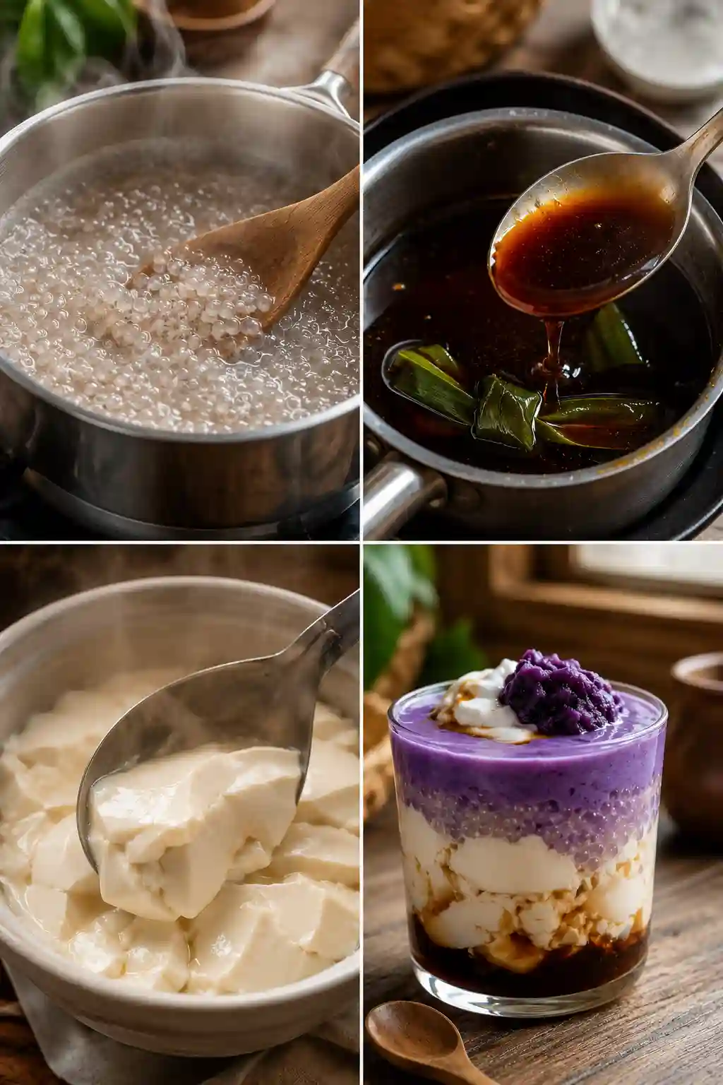 How to Make Ube Taho with Coconut Cream Step-by-step collage showing sago pearls cooking, arnibal syrup simmering, silken tofu preparation, and finished Ube Taho with Coconut Cream.