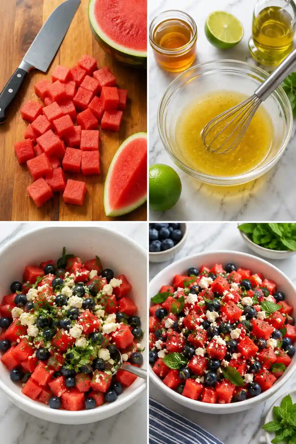 How to Make Watermelon Feta Salad with Blueberries and Mint Step-by-step process for making Watermelon Feta Salad with Blueberries and Mint including cutting watermelon, preparing dressing, mixing ingredients, and serving the finished salad