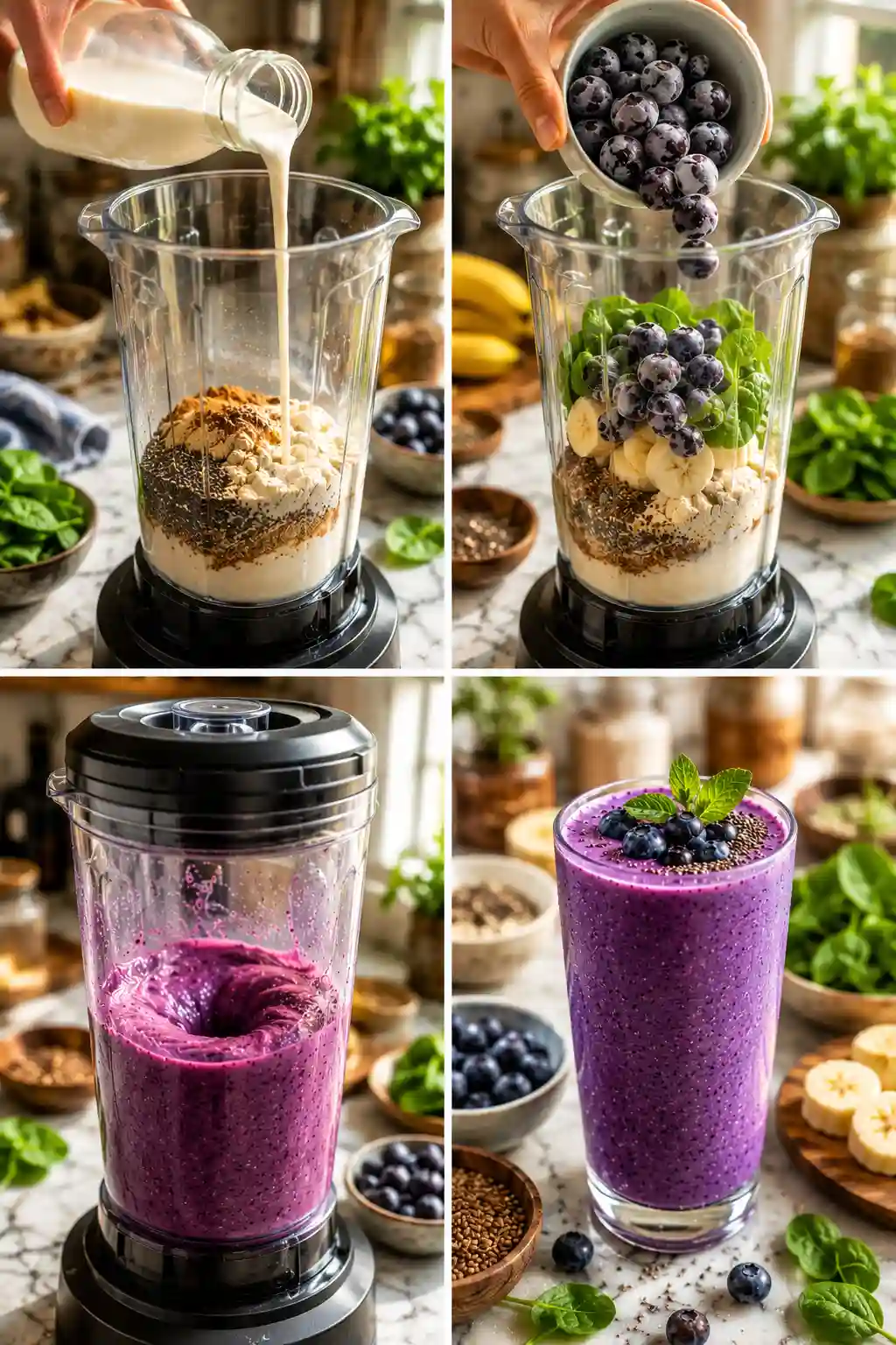 How to make a Flat Belly Blueberry Smoothie Recipe for Weight Loss step by step from adding ingredients to blending and serving