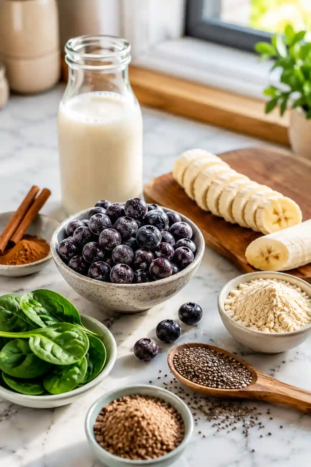 Ingredients for Flat Belly Blueberry Smoothie Recipe for Weight Loss including blueberries, banana, spinach, chia seeds, flaxseed, protein powder, cinnamon, and almond milk