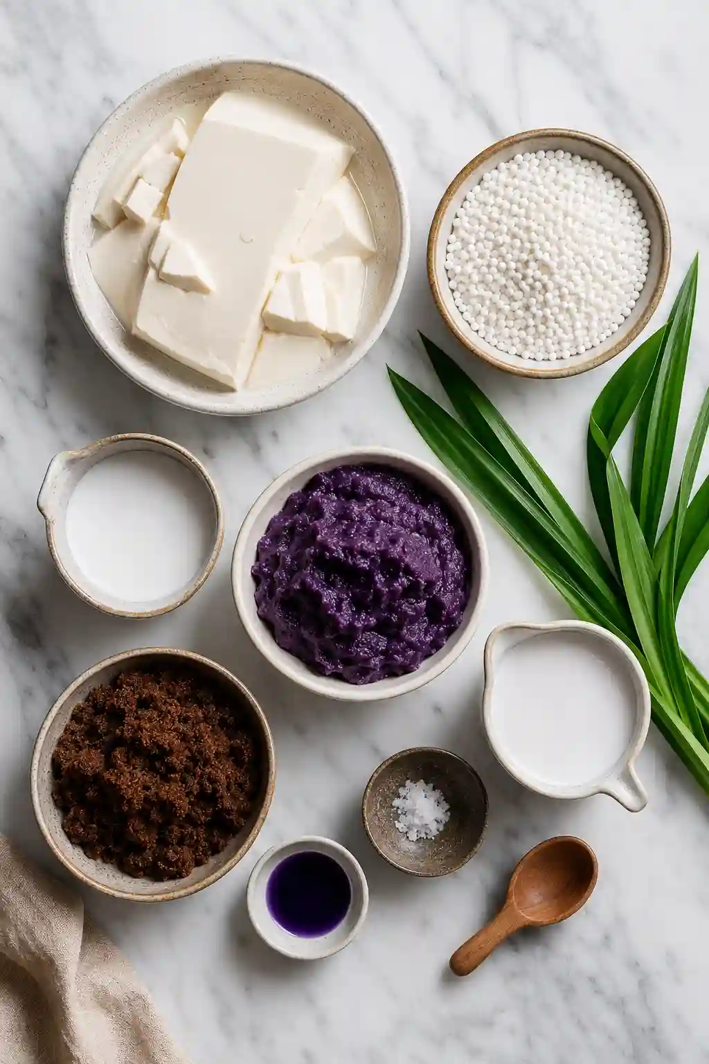 Ingredients for Ube Taho with Coconut Cream Ingredients for Ube Taho with Coconut Cream including silken tofu, mini sago pearls, ube halaya, coconut cream, muscovado sugar, pandan leaves, and ube extract.