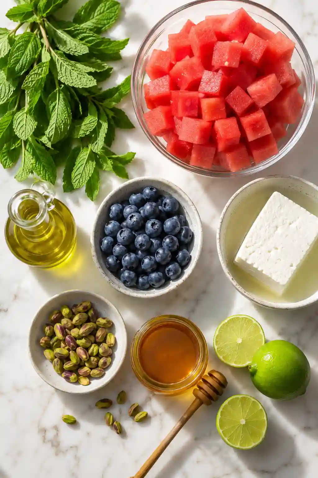 Ingredients for Watermelon Feta Salad with Blueberries and Mint Fresh ingredients for Watermelon Feta Salad with Blueberries and Mint including watermelon cubes, blueberries, feta cheese, mint, honey, lime, olive oil, and pistachios