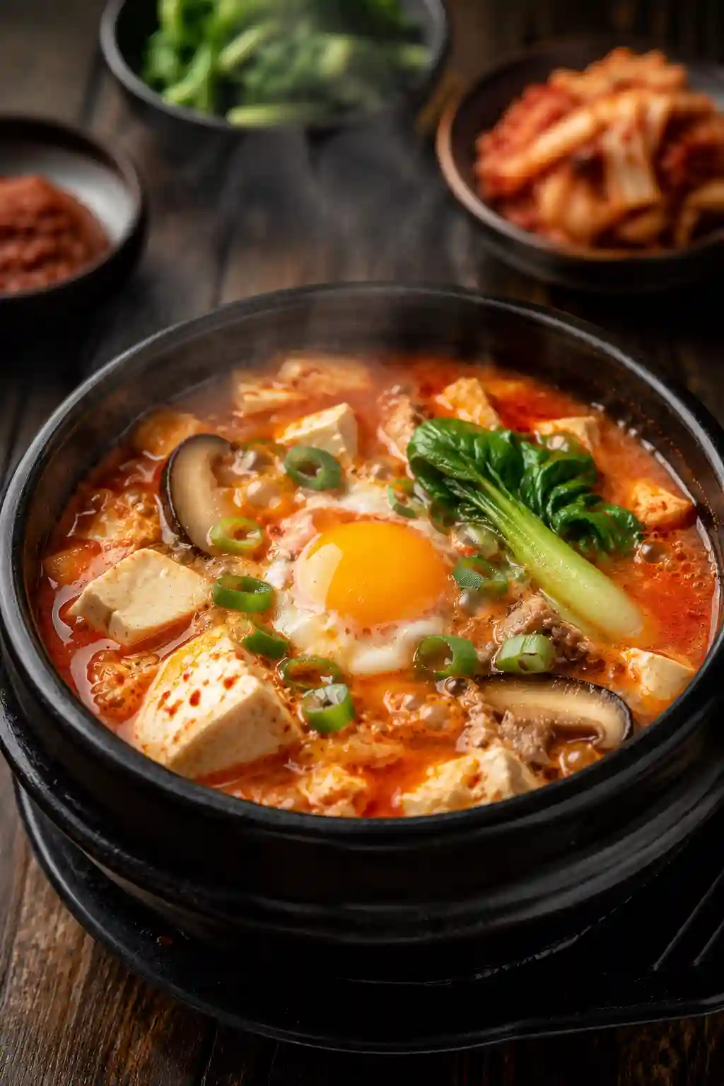 Quick Korean Style Soft Tofu Soup with silken tofu, mushrooms, bok choy, egg, scallions, and spicy Korean broth