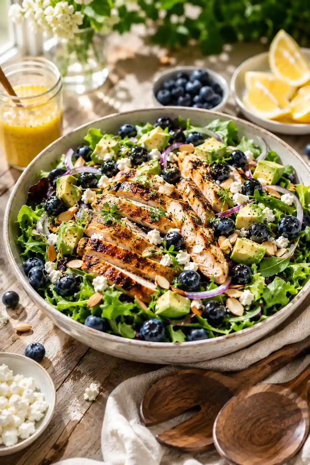 Blueberry Chicken Salad with Avocado and Feta served in a rustic bowl with grilled chicken, fresh blueberries, avocado, feta cheese, almonds, and mixed greens.