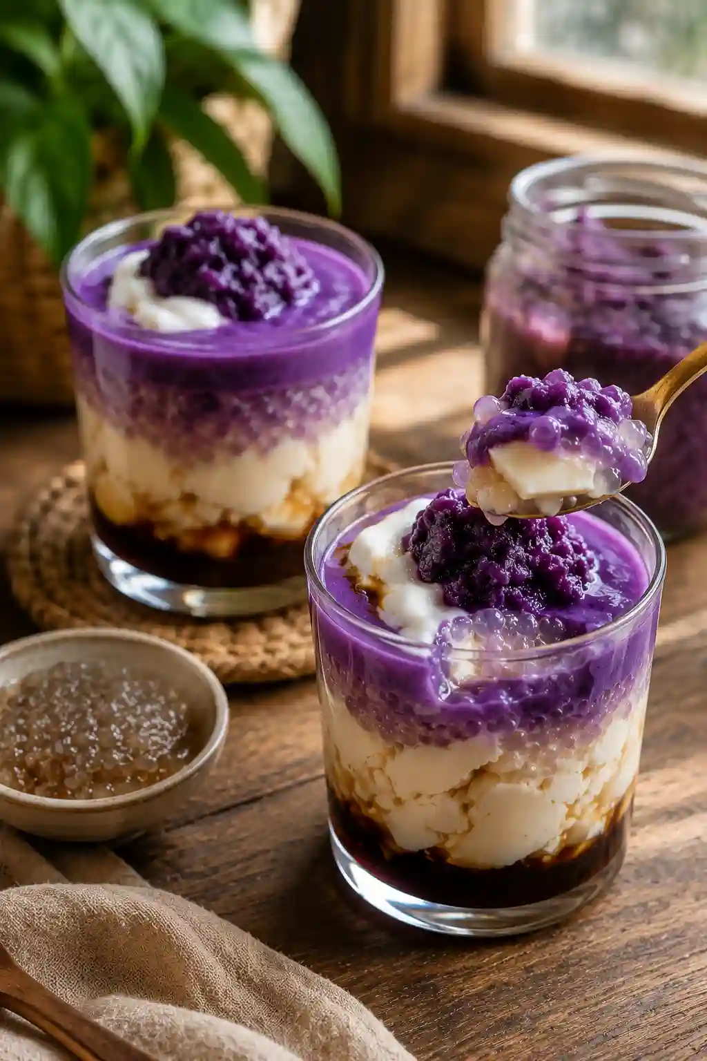 Served Ube Taho with Coconut Cream Two glasses of Ube Taho with Coconut Cream topped with ube halaya and coconut cream, with a spoon lifting a creamy bite of tofu and sago pearls.
