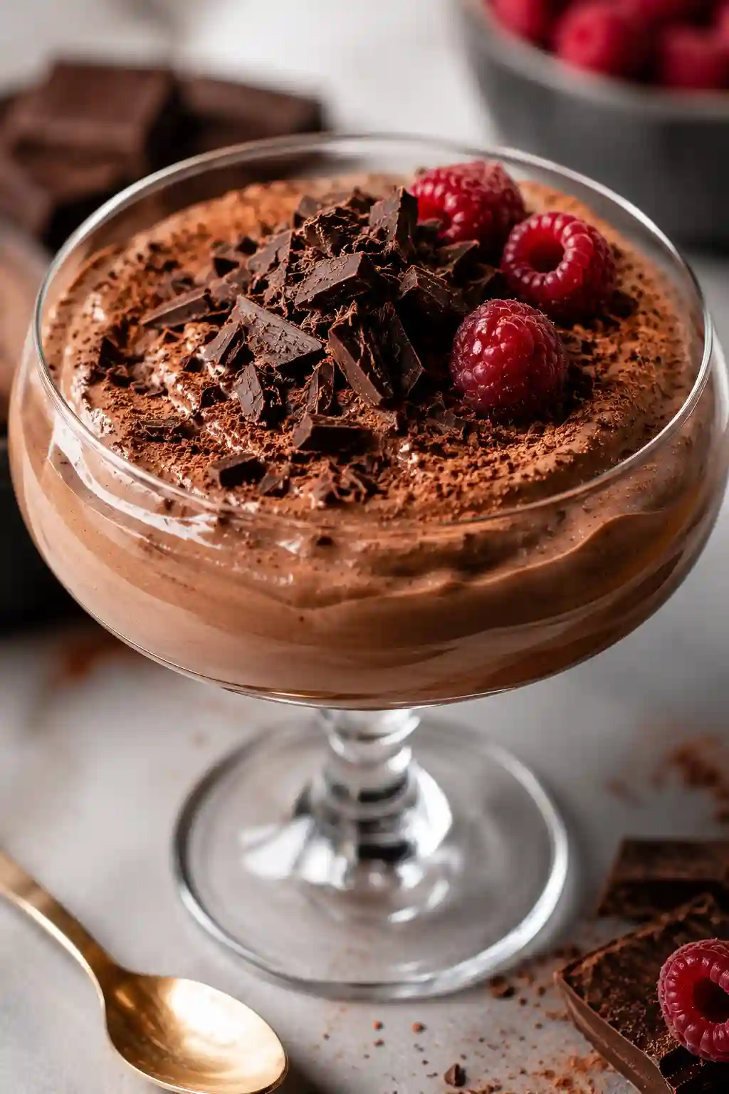 Velvety Tofu Chocolate Mousse topped with dark chocolate shavings, cocoa powder, and fresh raspberries