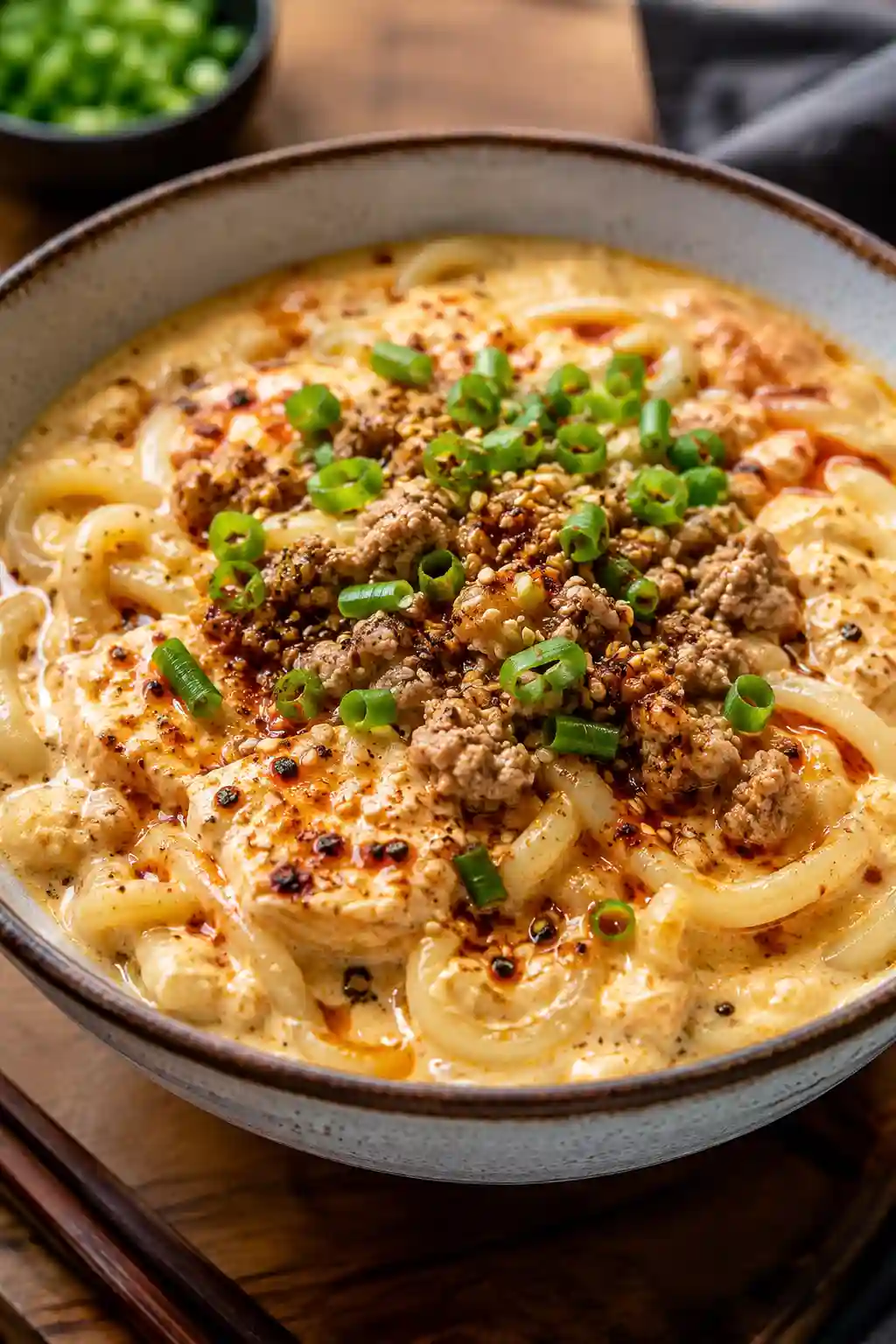 Viral Creamy Mapo Tofu Udon Noodles with silken tofu, udon noodles, ground turkey, chili oil, sesame seeds, and green onions