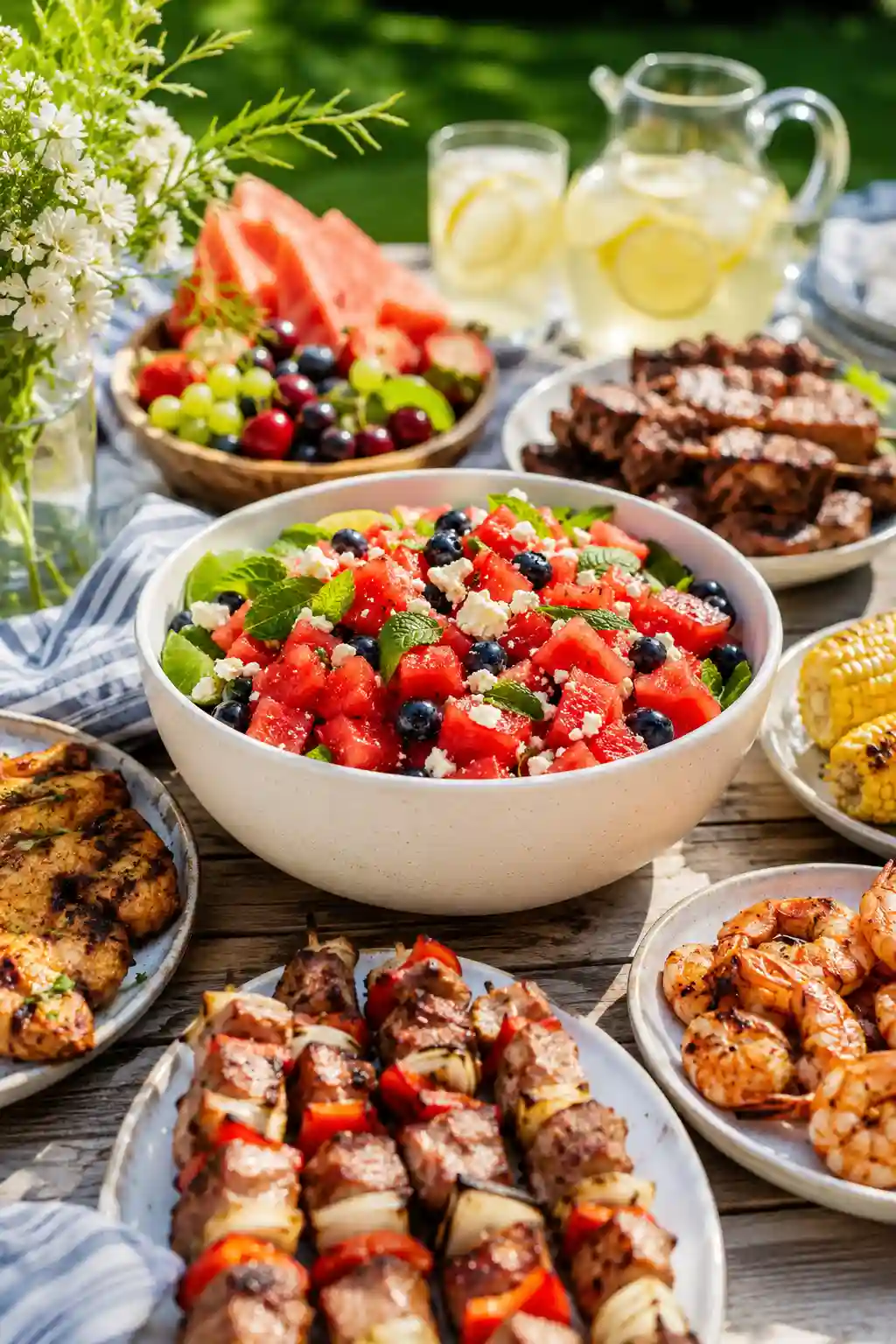 Watermelon Feta Salad with Blueberries and Mint Serving Suggestions Watermelon Feta Salad with Blueberries and Mint served alongside grilled chicken, steak kabobs, shrimp, corn on the cob, and fresh lemonade at an outdoor summer gathering