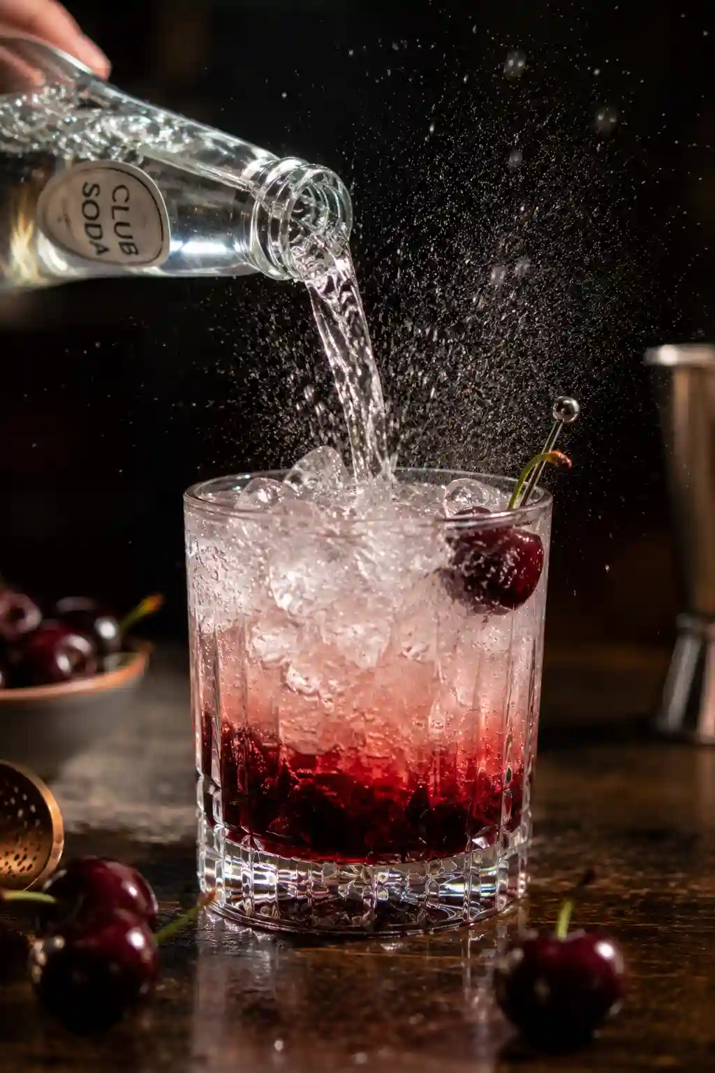 Pouring club soda into a Tart Cherry Bomb Drink over ice to create a refreshing sparkling beverage