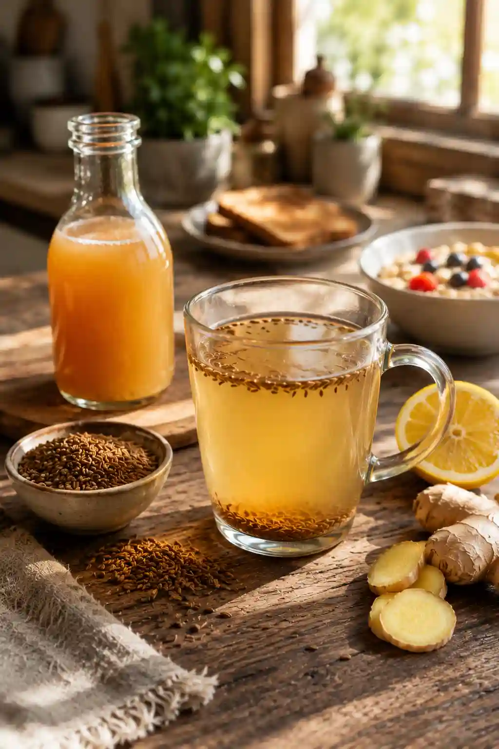 Best time to drink cumin-vinegar infusion for weight loss served with a healthy breakfast, apple cider vinegar, cumin seeds, lemon, and ginger.