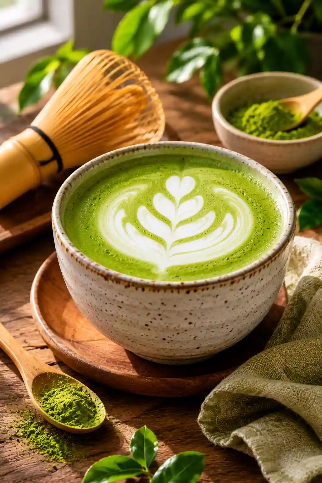 Ceremonial matcha latte with latte art served in a ceramic bowl alongside matcha powder and a bamboo whisk.