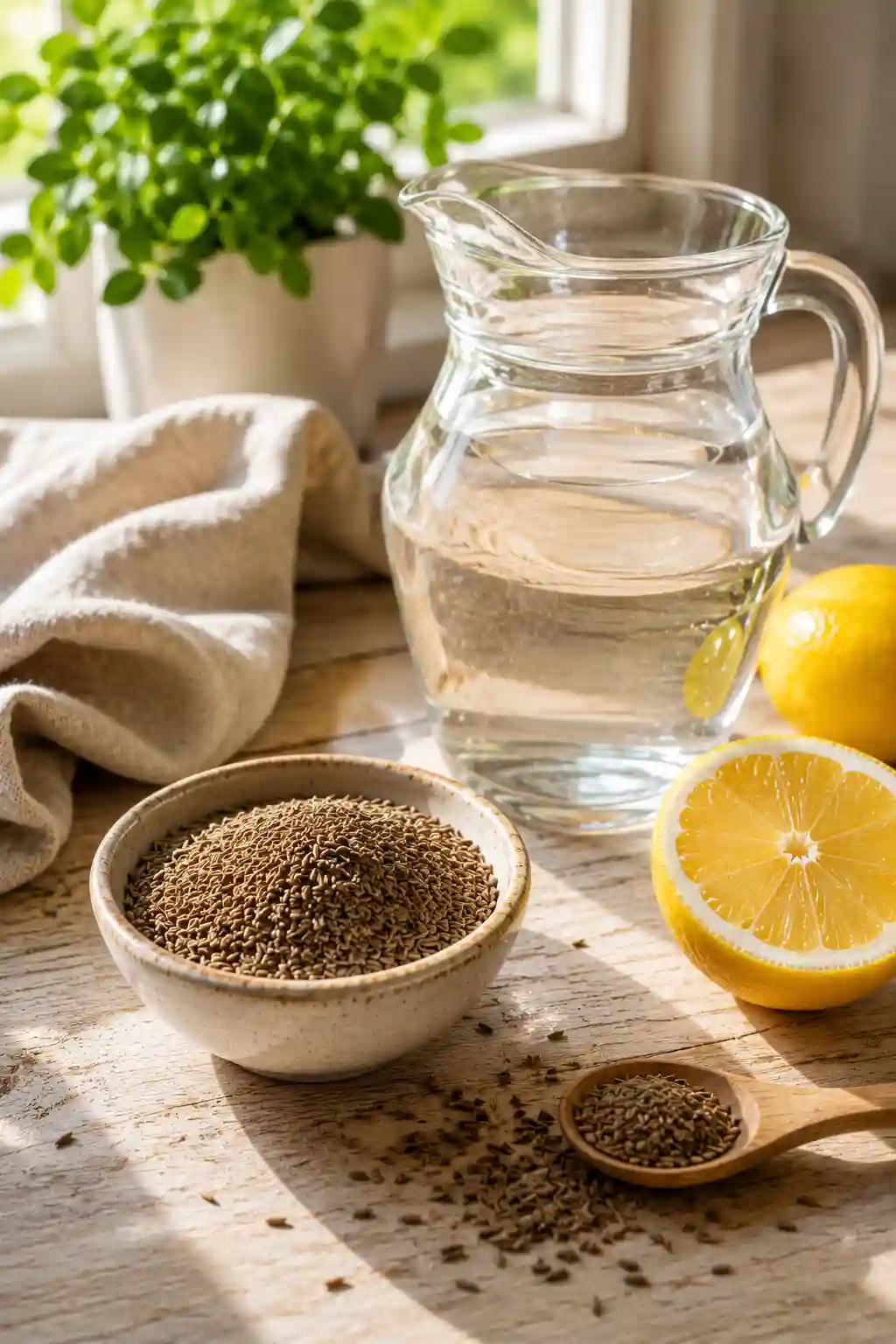 Cumin for Weight Loss Ingredients for Homemade Jeera Water Ingredients for cumin water for weight loss including cumin seeds, fresh lemon, and water arranged on a rustic wooden table in natural sunlight.