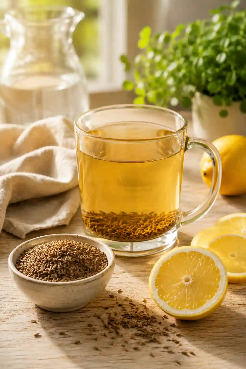 Cumin for Weight Loss Serving Suggestion with Jeera Water Cumin water for weight loss served in a clear glass mug with cumin seeds and fresh lemon slices on a rustic wooden table.