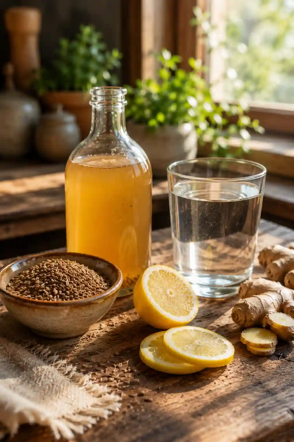 Ingredients for cumin-vinegar infusion for weight loss including cumin seeds, apple cider vinegar, water, lemon, and fresh ginger on a rustic wooden table.