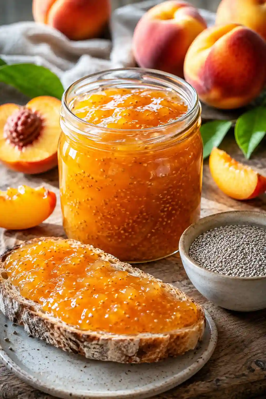 Homemade Peach Chia Seed Jam served on artisan toast with fresh peaches, white chia seeds, and a jar of naturally sweet peach jam.