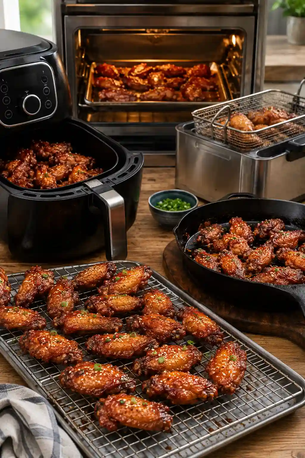 Honey Garlic Korean BBQ Chicken Wings prepared using air fryer, oven, deep fryer, and skillet cooking methods