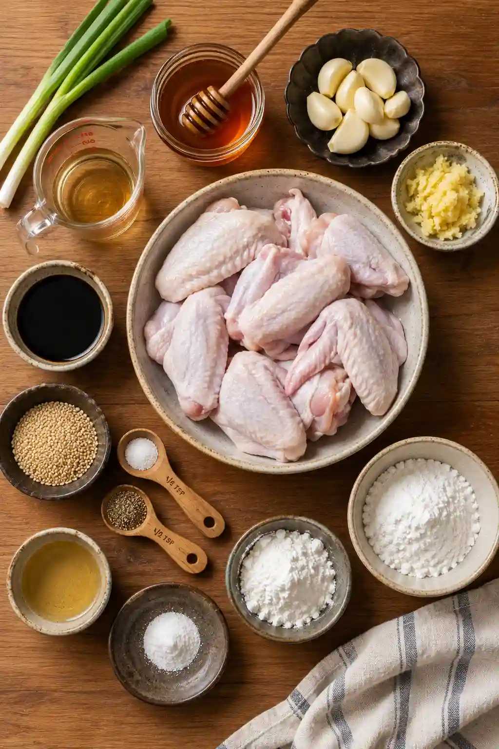 Raw chicken wings, honey, soy sauce, garlic, ginger, potato starch, and seasonings for Honey Garlic Korean BBQ Chicken Wings Recipe