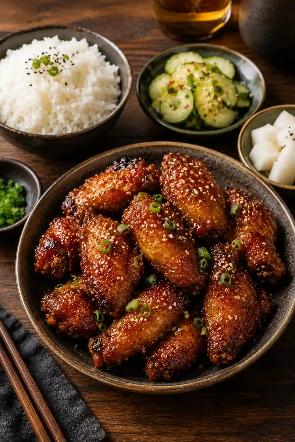 Honey Garlic Korean BBQ Chicken Wings served with steamed rice, cucumber salad, and Korean pickled radish