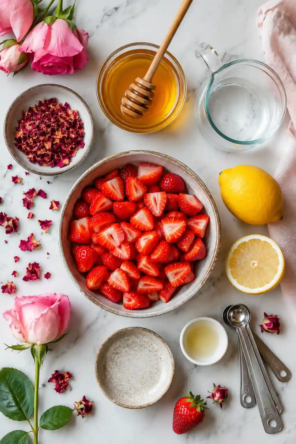 Fresh strawberries, dried rose petals, raw honey, lemon juice, and water arranged for Honey Strawberry Rose Syrup Recipe on a marble surface.