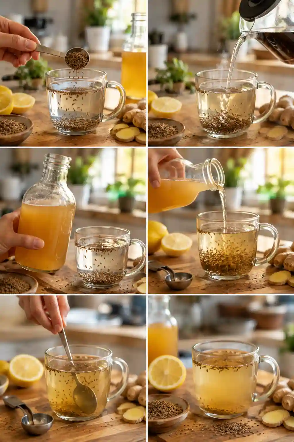 Step-by-step process of making cumin-vinegar infusion for weight loss using cumin seeds, warm water, and apple cider vinegar
