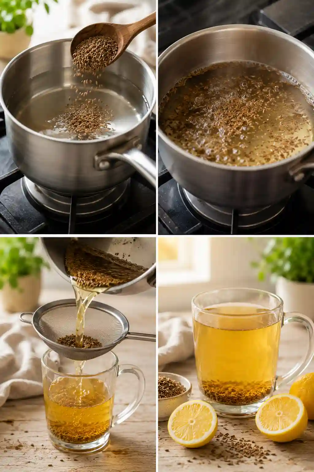 How to Make Cumin Water for Weight Loss Step by Step Step by step process of making cumin water for weight loss by boiling cumin seeds, straining the liquid, and serving the finished drink with lemon.
