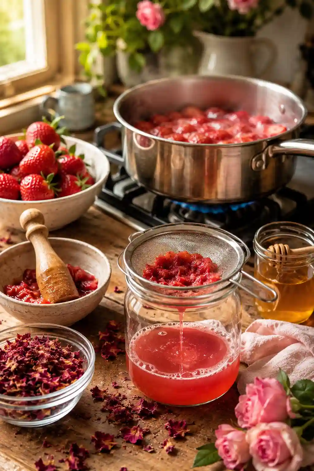 Straining homemade Honey Strawberry Rose Syrup Recipe into a glass jar with fresh strawberries, dried rose petals, and raw honey on a rustic kitchen table.
