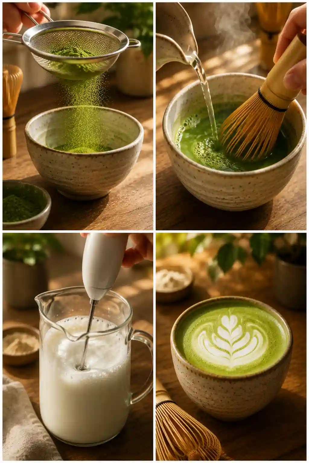 Four-step process showing how to make a homemade matcha latte, from sifting matcha powder to serving the finished drink.