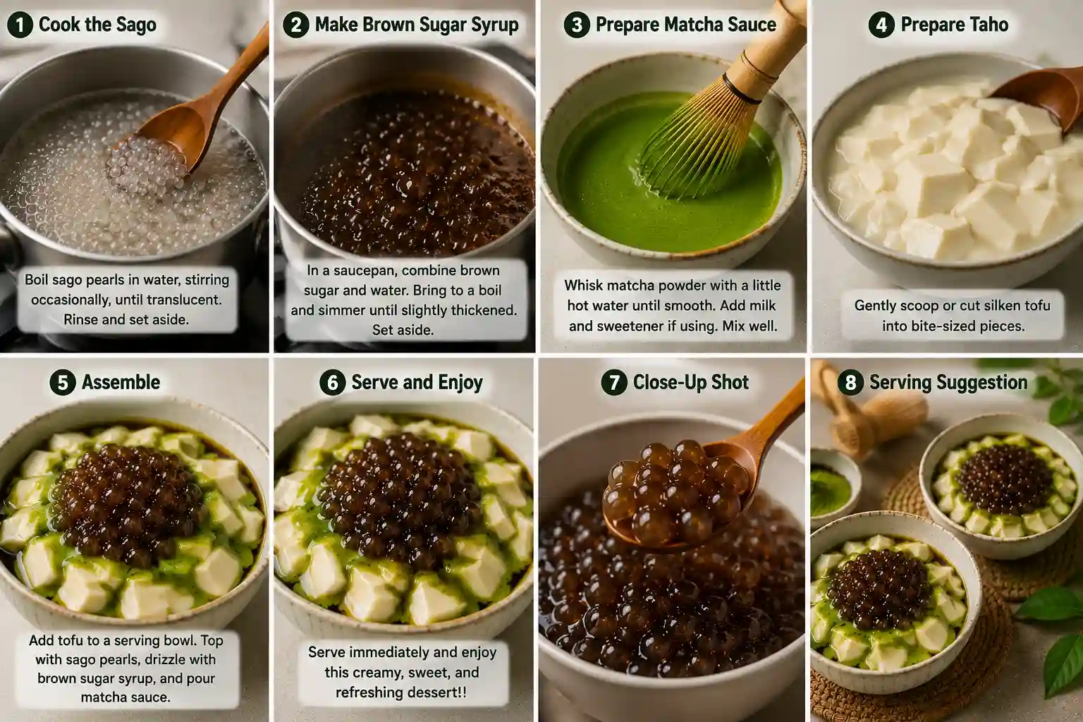 Step-by-step collage showing how to make Matcha Taho with Brown Sugar Sago from cooking sago pearls to assembling the finished dessert.