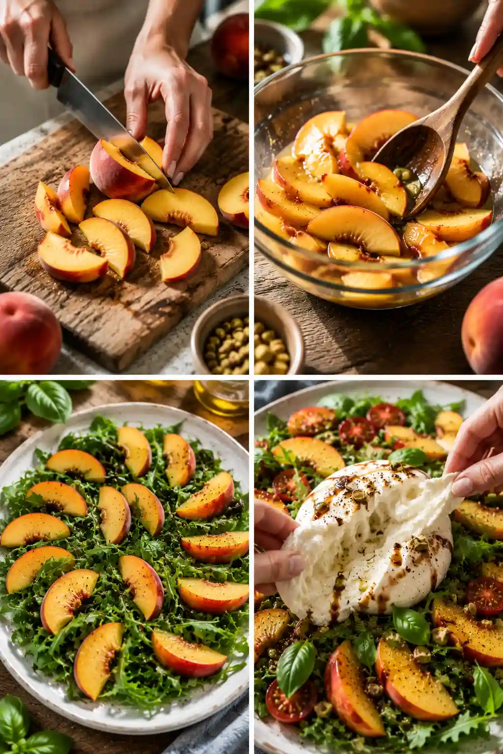 How to Make Peach Burrata Salad Recipe Step-by-step Peach Burrata Salad Recipe showing peach slicing, macerating peaches, arranging arugula and peaches, and adding creamy burrata