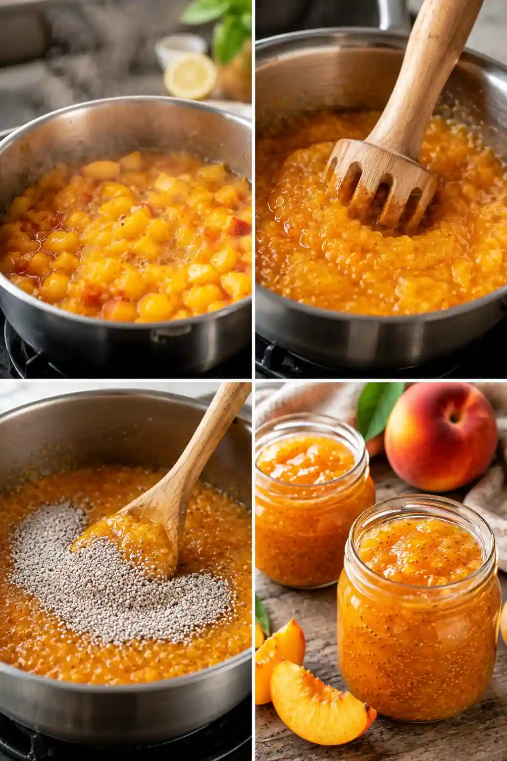 Four step collage showing how to make Peach Chia Seed Jam Recipe, including simmering peaches, mashing fruit, adding chia seeds, and storing the finished jam in jars.