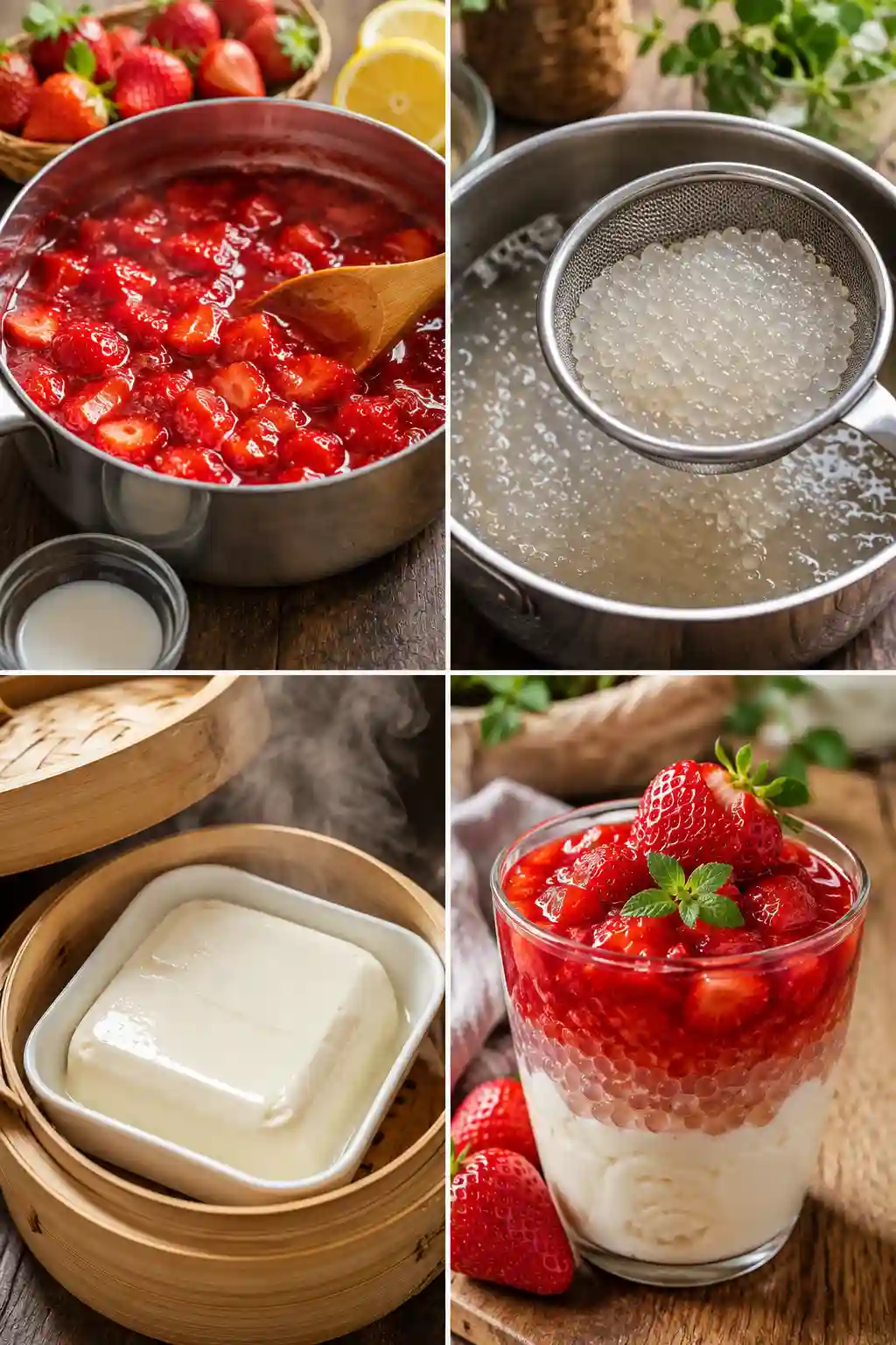 Step by step guide showing how to make Strawberry Taho with Fresh Strawberry Compote, including strawberry compote, cooked mini sago pearls, steamed silken tofu, and the finished dessert.