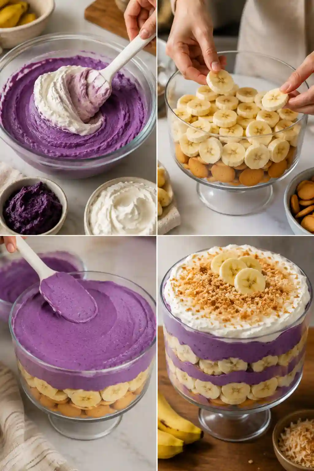 How to Make Ube Banana Pudding with Coconut Cream Step by step process for making Ube Banana Pudding with Coconut Cream from mixing the filling to assembling the finished dessert