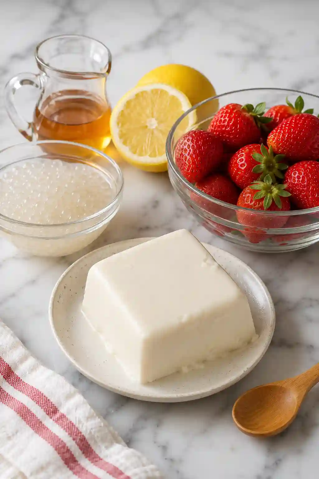 Fresh strawberries, silken tofu, mini sago pearls, lemon, and sweet syrup prepared for making Strawberry Taho with Fresh Strawberry Compote.