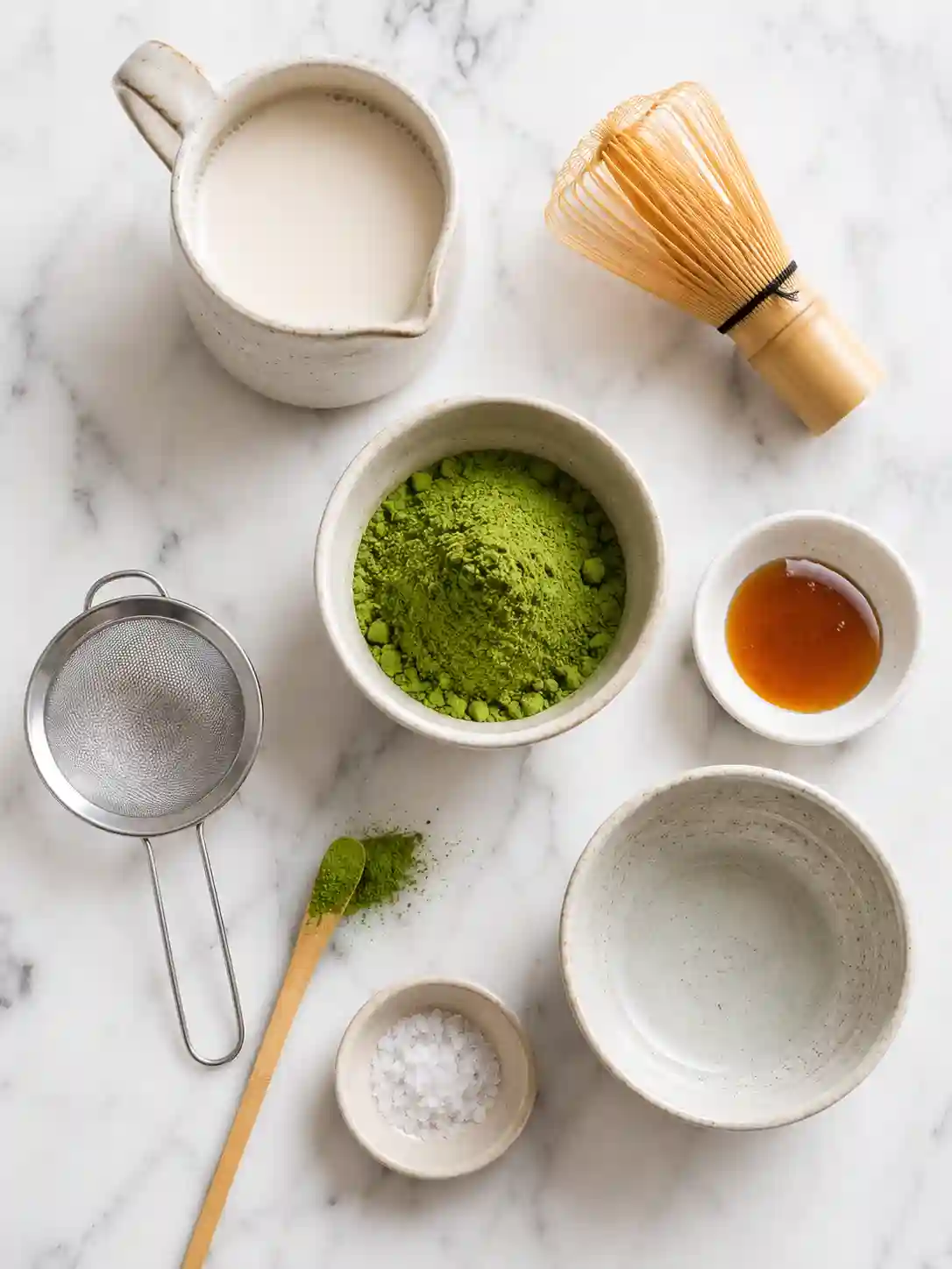 Matcha latte ingredients including ceremonial matcha powder, oat milk, bamboo whisk, sieve, maple syrup, and sea salt on a marble surface.