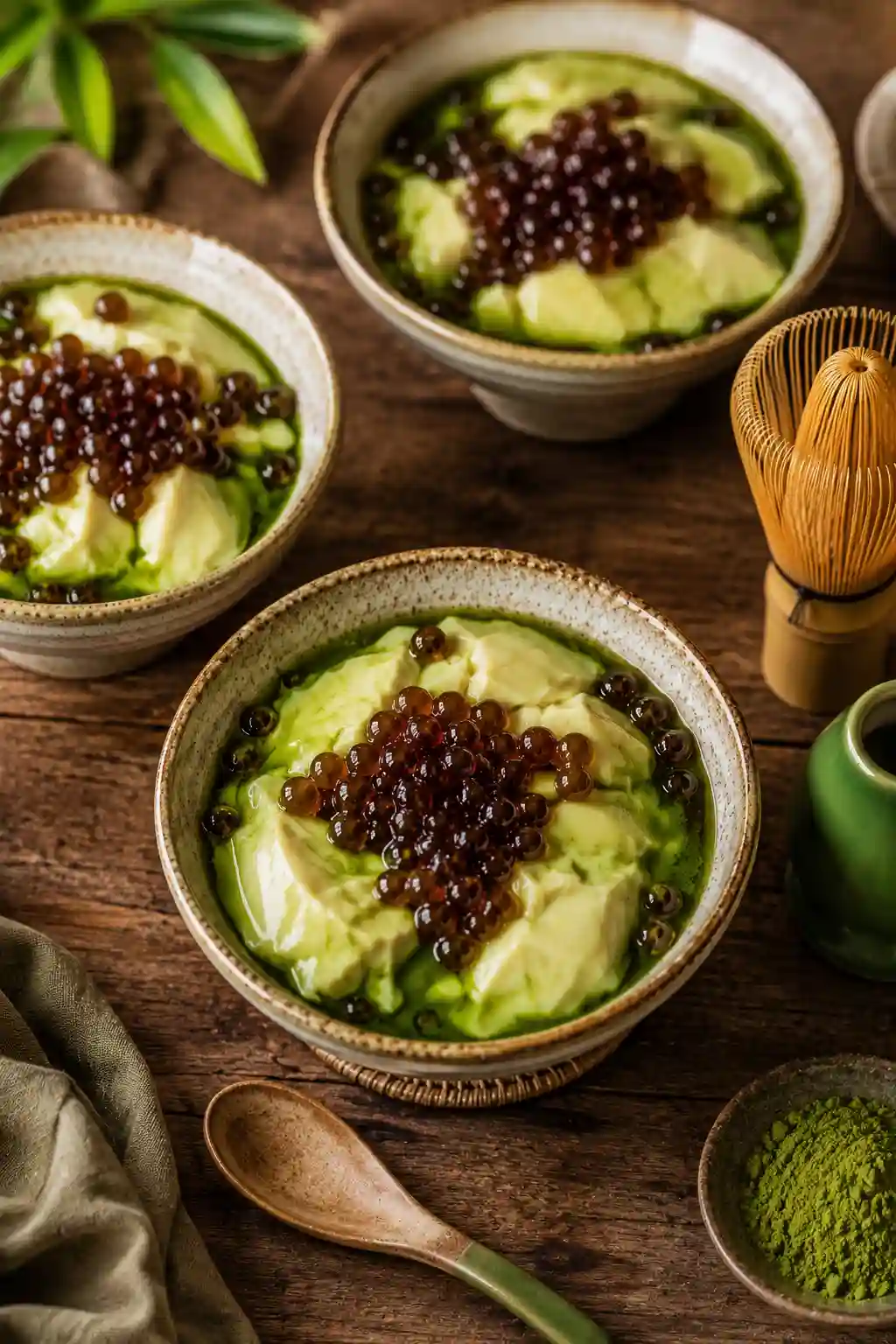 Multiple bowls of Matcha Taho with Brown Sugar Sago served with matcha powder and a bamboo whisk on a rustic wooden table.