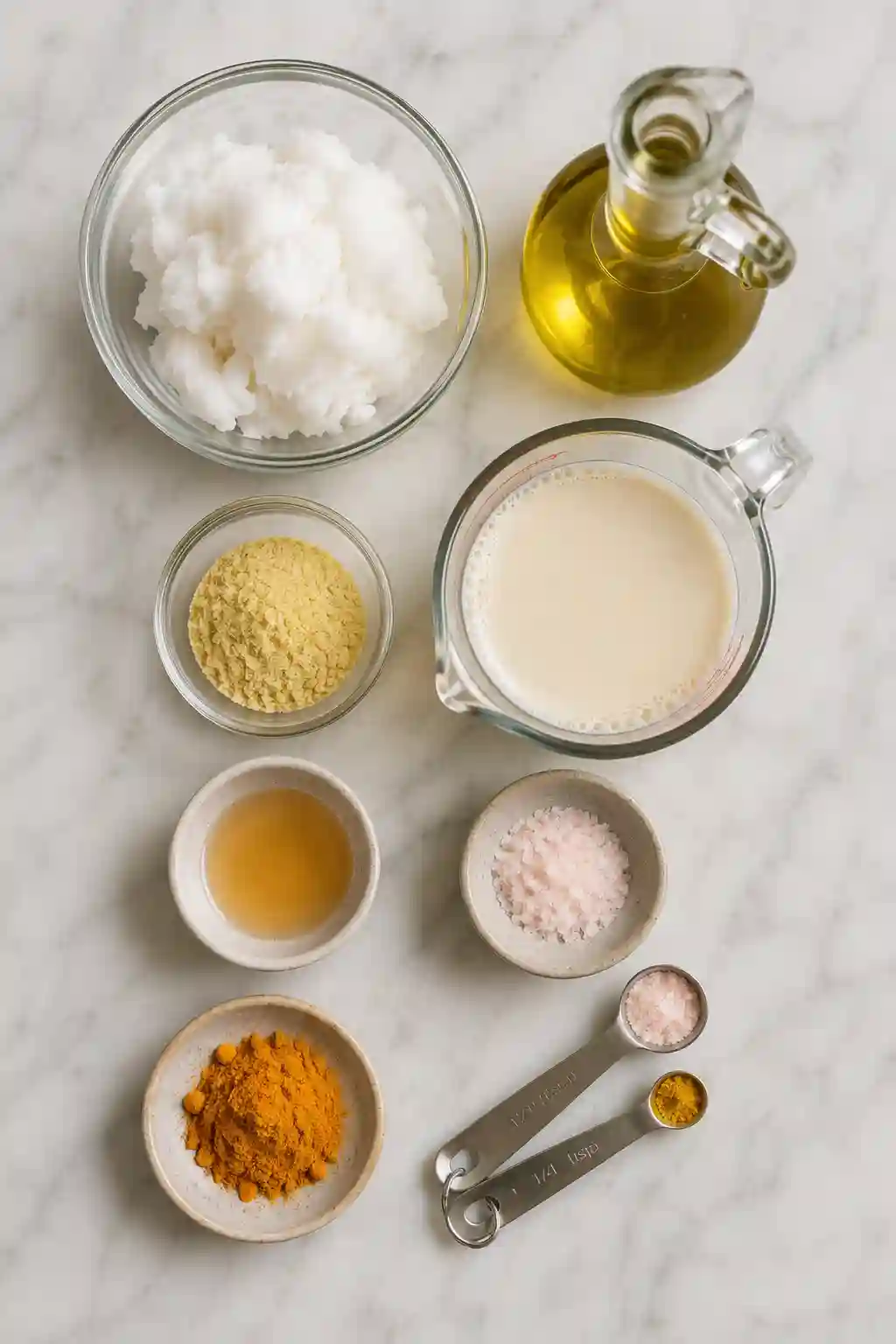 Ingredients for Miyoko's Butter Recipe Copycat including refined coconut oil, avocado oil, soy milk, sunflower lecithin, sea salt, vinegar, and turmeric