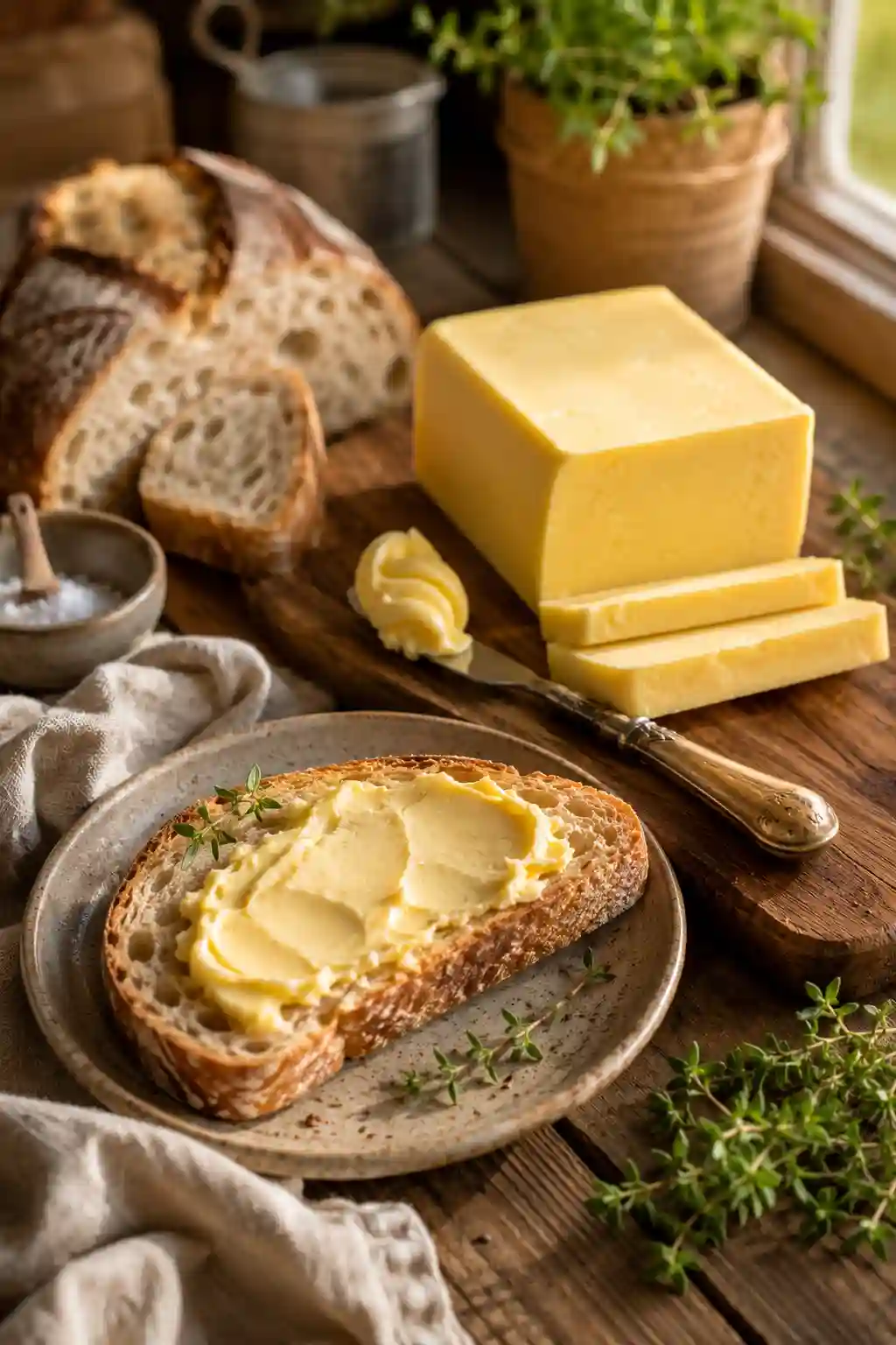 Miyoko's Butter Recipe Copycat spread on artisan sourdough bread with sliced vegan butter on a wooden board