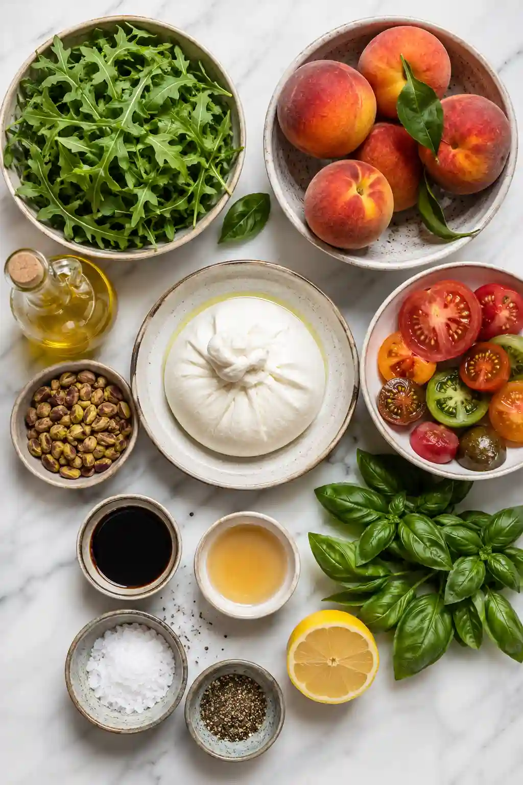 Peach Burrata Salad Ingredients Ingredients for Peach Burrata Salad Recipe including burrata cheese, fresh peaches, arugula, basil, pistachios, olive oil, balsamic glaze, lemon, salt, and pepper