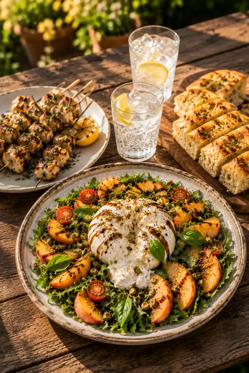 What to Serve with Peach Burrata Salad Peach Burrata Salad Recipe served with grilled chicken skewers, garlic focaccia, and sparkling lemon water on an outdoor summer table