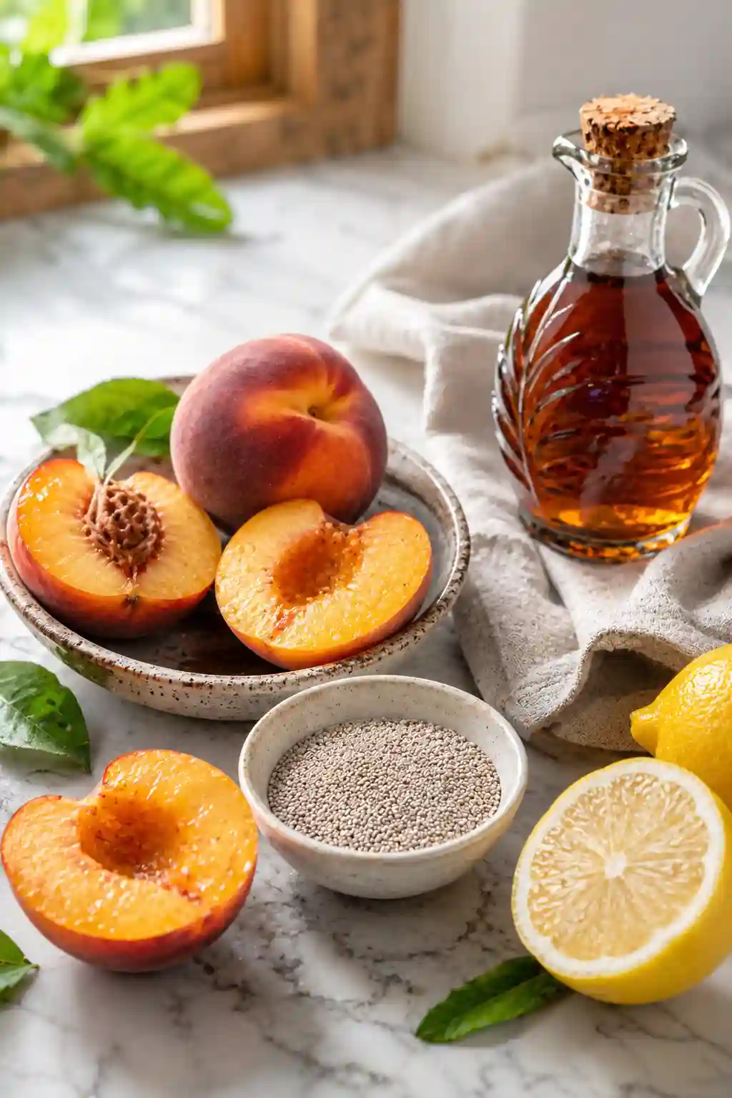 Fresh ingredients for Peach Chia Seed Jam Recipe including ripe peaches, white chia seeds, maple syrup, and lemon arranged on a marble countertop.