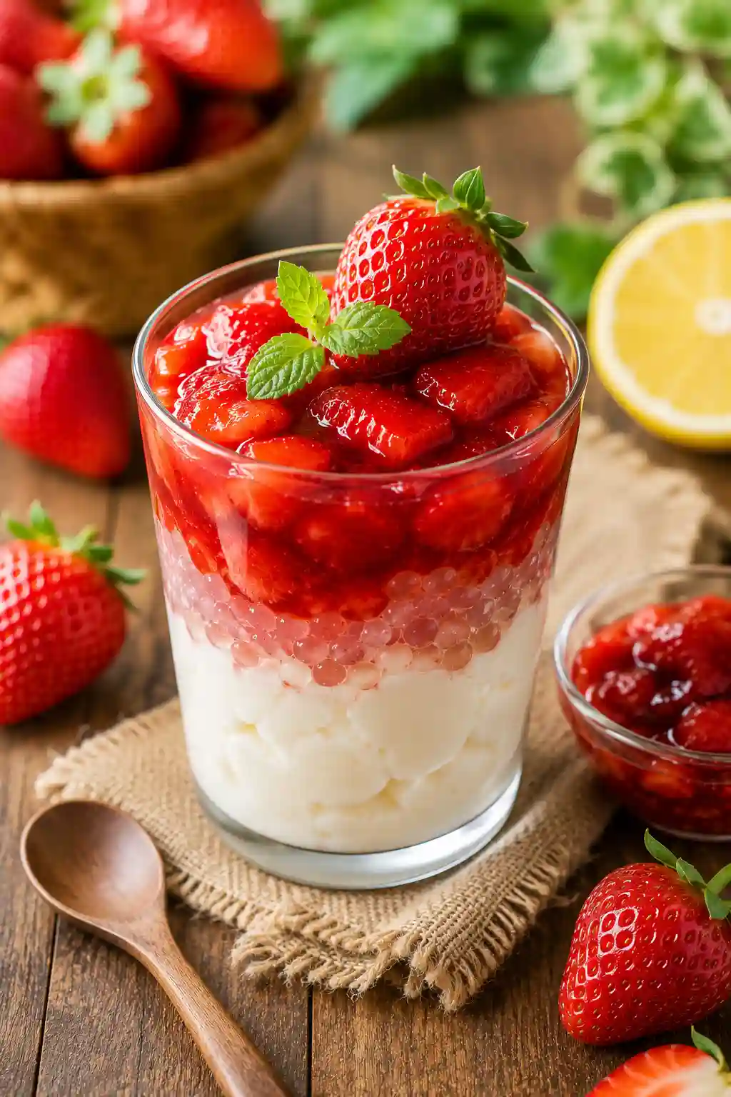 Serving of Strawberry Taho with Fresh Strawberry Compote in a clear glass with warm silken tofu, mini sago pearls, and homemade strawberry compote topped with fresh strawberries.