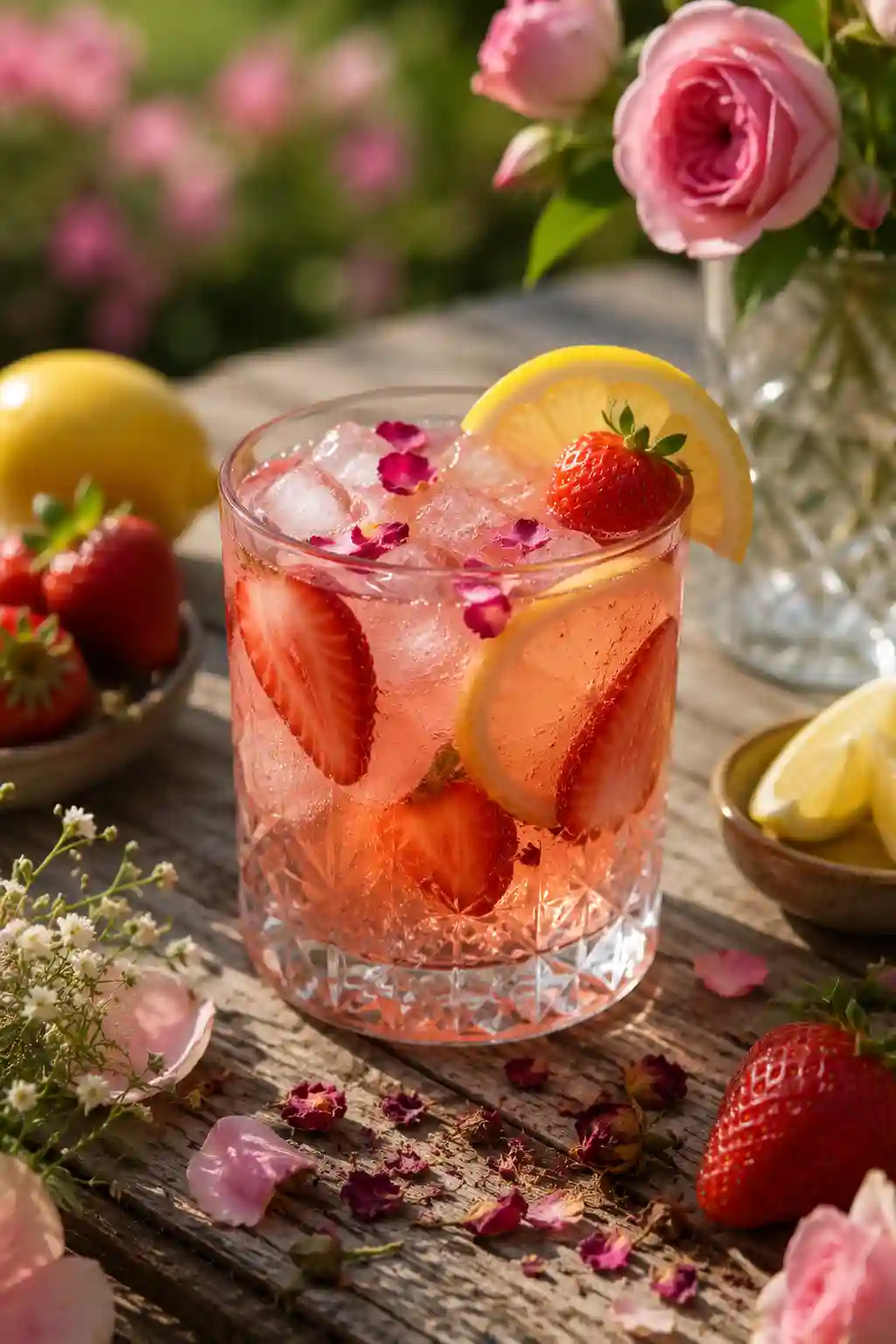 Refreshing strawberry rose lemonade made with Honey Strawberry Rose Syrup Recipe, fresh strawberries, lemon slices, ice cubes, and edible rose petals.