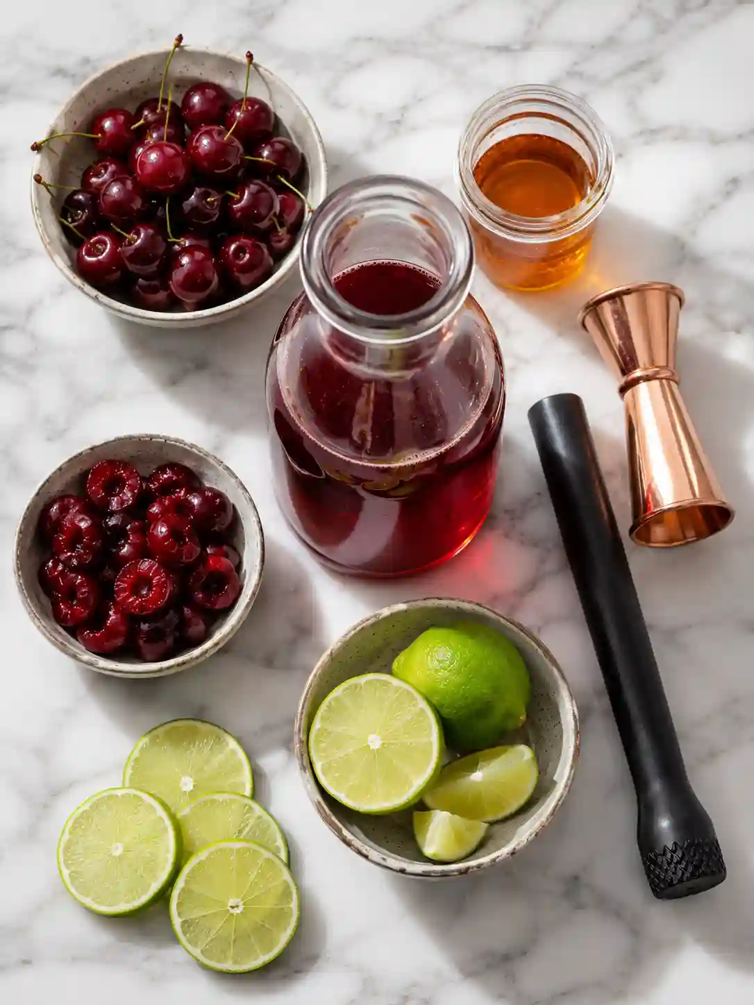 Ingredients for Tart Cherry Bomb Drink including tart cherry juice, fresh cherries, lime wedges, maple syrup, muddler, and jigger