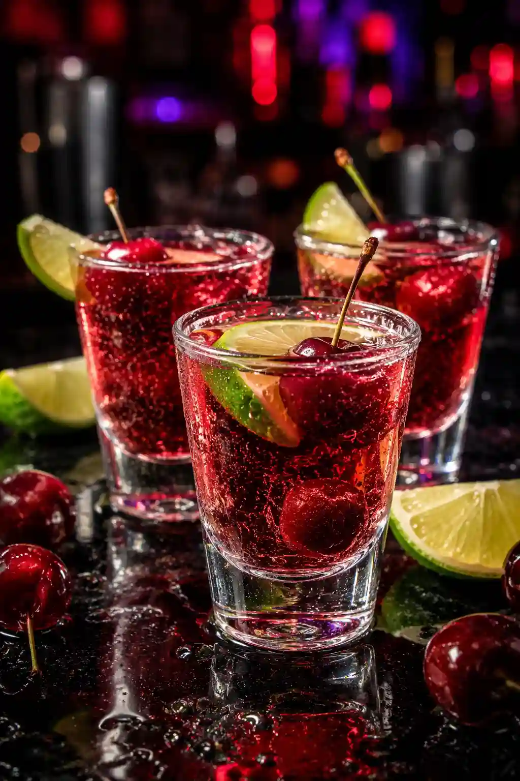 Tart Cherry Bomb party shot variation served in small glasses with cherries, lime wedges, and sparkling tart cherry drink
