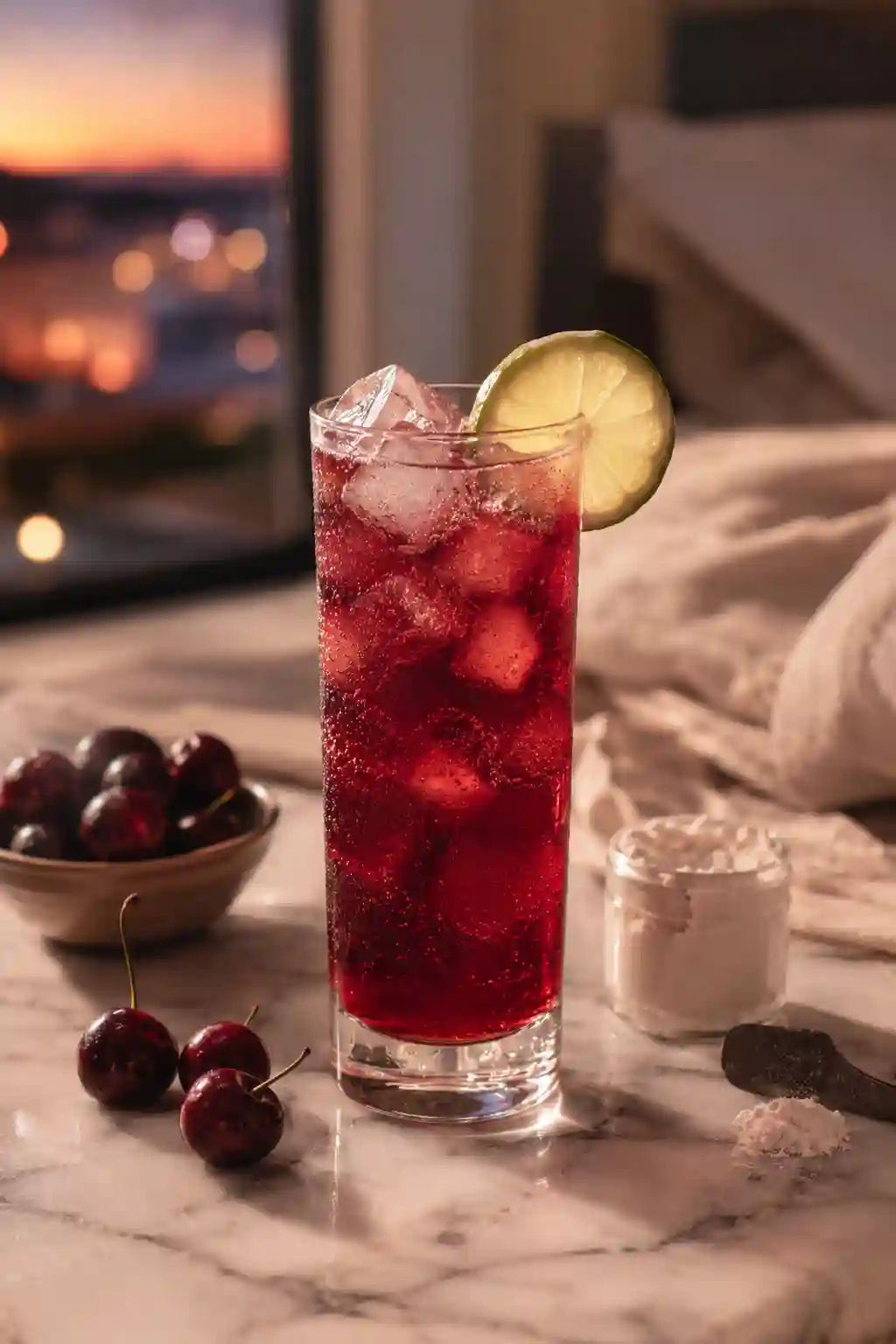 Sleepy girl tart cherry mocktail with magnesium powder, fresh lime garnish, and ice served in a highball glass