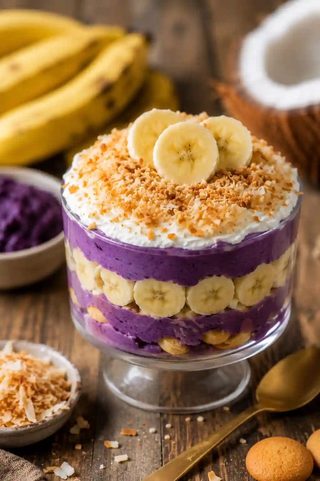 Ube Banana Pudding with Coconut Cream Serving Ube Banana Pudding with Coconut Cream served in a glass dessert bowl with banana slices, toasted coconut, and vanilla wafer layers