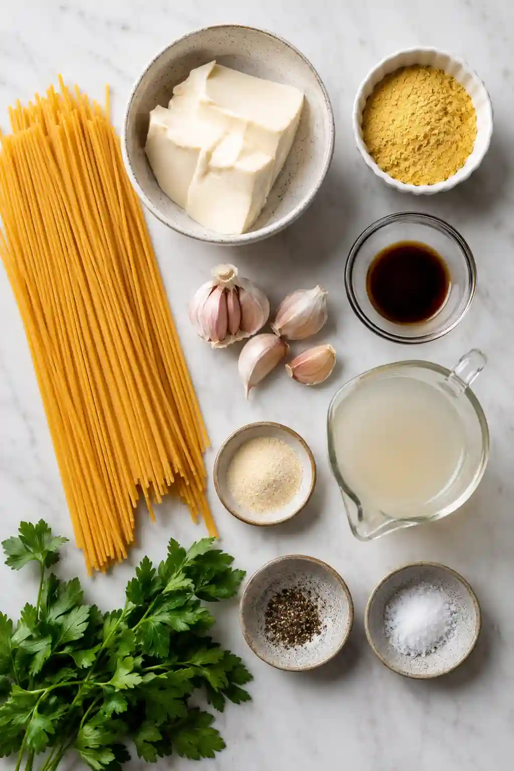 Ingredients for Protein Packed Vegan Alfredo Pasta Sauce including silken tofu, chickpea spaghetti, nutritional yeast, garlic, soy sauce, parsley, salt, and black pepper